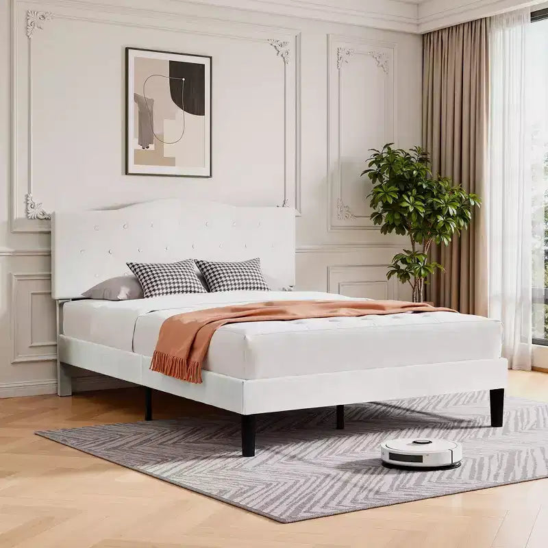 Lit rembourré avec plateforme en bois et tête de lit réglable en velours, pas besoin de sommier tapissier