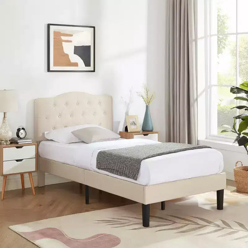 Lit rembourré avec plateforme en bois et tête de lit réglable en velours, pas besoin de sommier tapissier