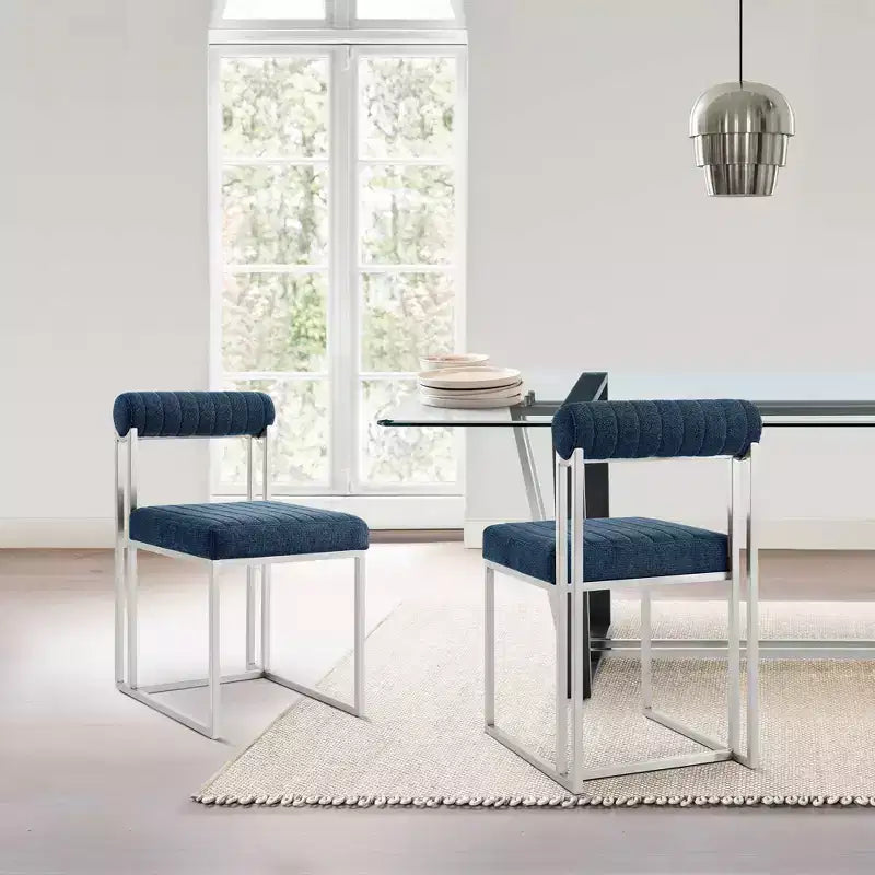 Armen Living Set of 2 Anastasia Brushed Stainless Steel and Fabric Dining Chairs